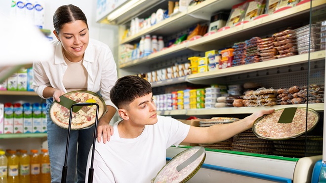 Casal jovem a escolher pizas frescas num expositor de supermercado 