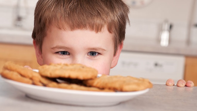 Criança a olhar para um prato com bolachas 