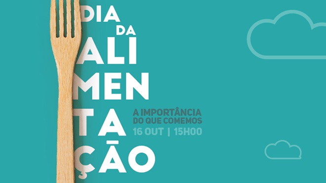 Garfo sobre um fundo azul e com o título "Dia da Alimentação, a importância do que comemos"