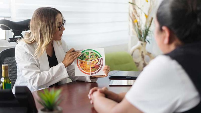 Nutricionista a mostra roda dos alimentos a paciente