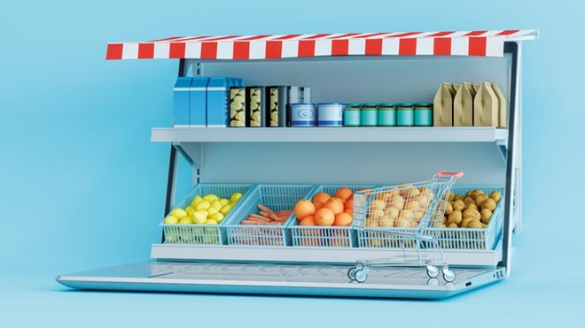 Prateleira com produtos de supermercado a sair de um ecran de computador 