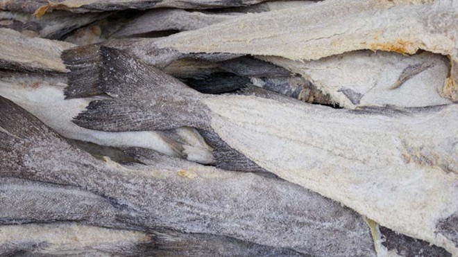 Várias postas de bacalhau seco e salgado sobrepostas umas sobre as outras