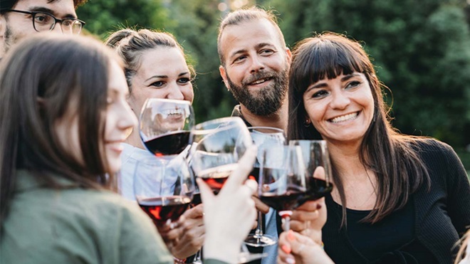 Grupo de amigos no exterior a brindar com vinho tinto
