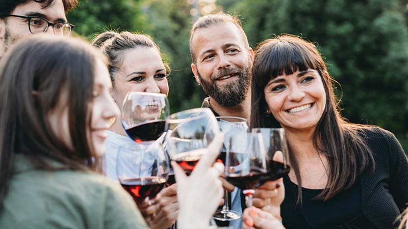 Grupo de amigos no exterior a brindar com vinho tinto