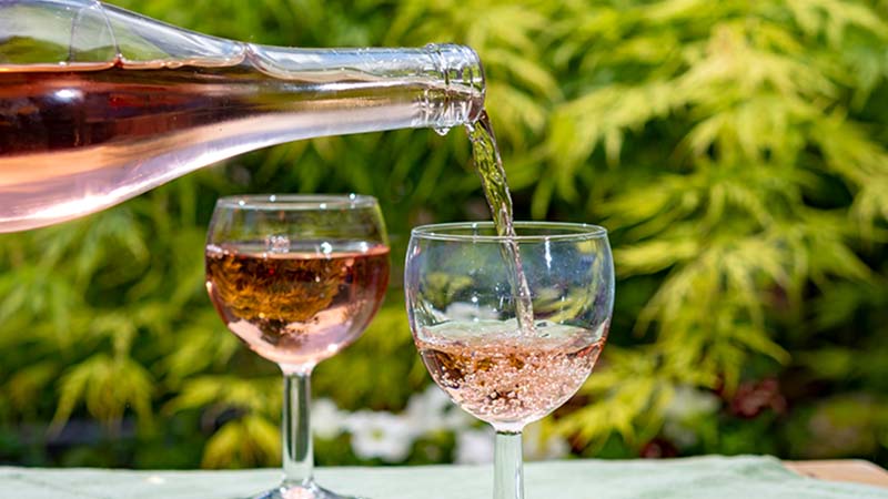 Vinho rosé a ser servido em dois copos no exterior, com paisagem de vinhas como pano de fundo 