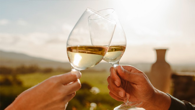 Grande plano de dois copos de vidro a fazer um brinde com vinho branco. Paisagem de campo ao fundo