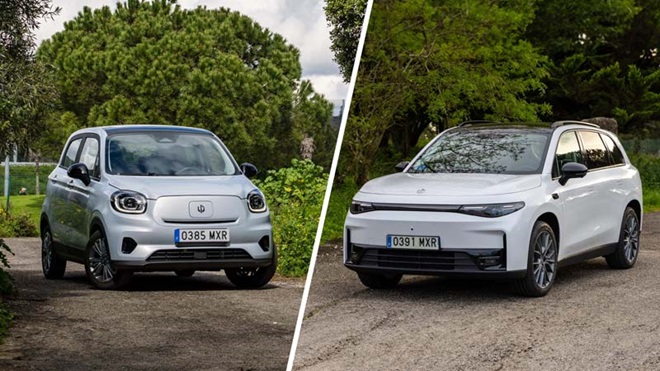 Leapmotor T03, citadino elétrico, e Leapmotor C10, suv familiar elétrico no Guincho, em Cascais.