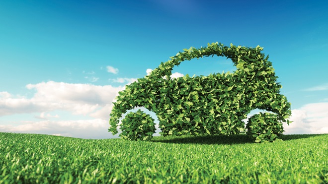 Carro feito de folhas verdes em cima de um relvado
