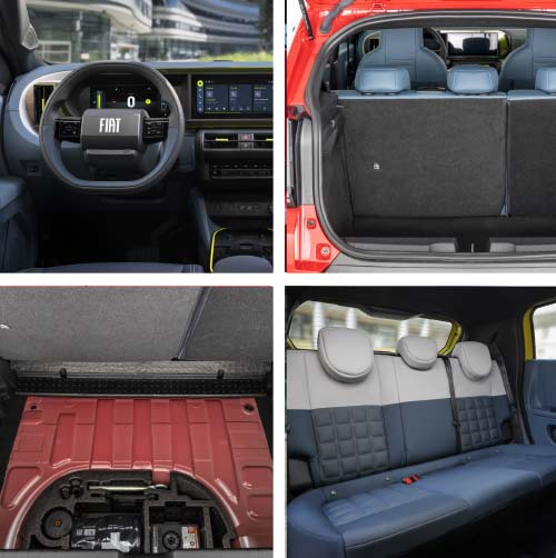 Moldura do painel inspirada na histórica entrada da fábrica de Turim. A mala surpreende, mas dispensamos a chapa toda nua sob o piso de carga.