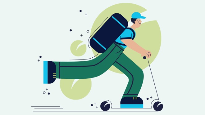 Ilustração de homem a andar de trotinete