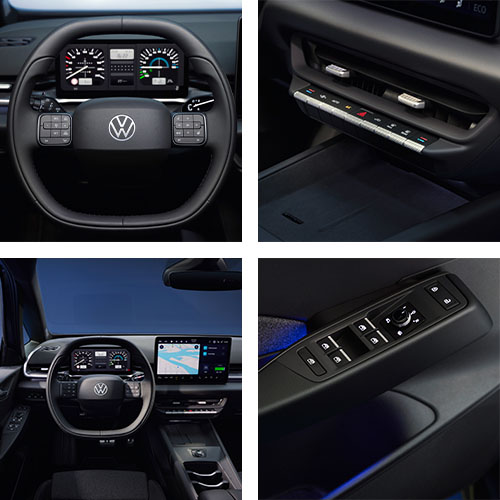 Cockpit com funções básicas através de botões convencionais. Charme retro com botões “verdadeiros” no volante.