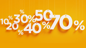 Números com símbolos de percentagem brancos em cima de um fundo amarelo sobre os descontos com o Cartão DECO+