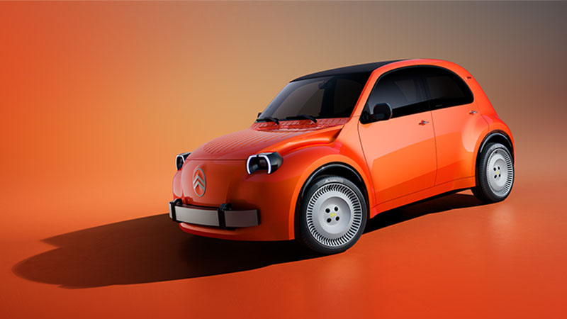 Foto de estúdio de Citroen 2CV elétrico vermelho em fundo avermelhado