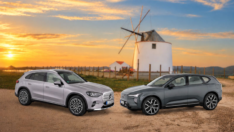 Mercedes-Benz GLC e Volvo EX60, dois SUV elétricos, frente a frente com moinho de fundo ao pôr do sol