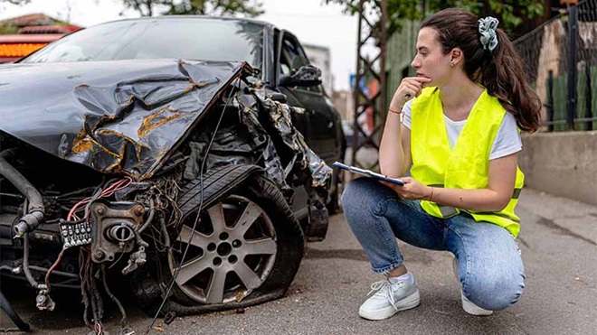 Mulher com colete fluorescente a obervar danos de acidente automóvel
