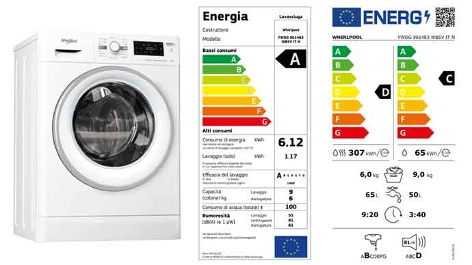 etiqueta energética nova da máquina de lavar e secar roupa WHIRLPOOL FWDG 961483