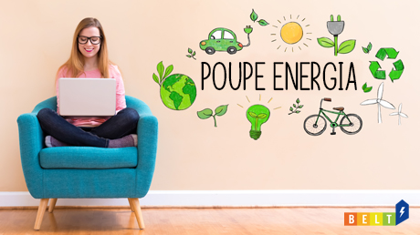 mulher sentada num sofá com portátil ao colo e a mensagem "Poupe Energia" e o símbolo do projeto Belt ao lado