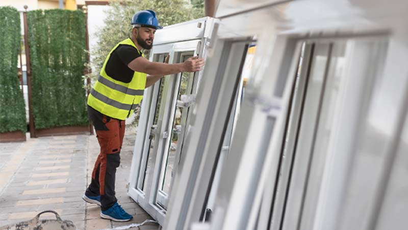 Trabalhador da construção com colete refletor e capacete a movimentar caixilhos de janelas num espaço exterior pavimentado.