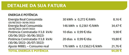 aumentos no preço da eletricidade - detalhe da fatura
