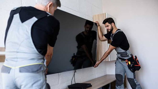 dois trabalhadores da MEO instalam televisão e box