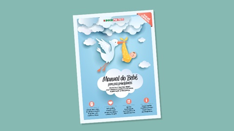 capa do manual do bebé da DECO PROTESTE, com uma cegonha a carregar um bebé