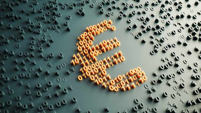 símbolo do euro feito com zeros e uns, em dourado, fundo escuro