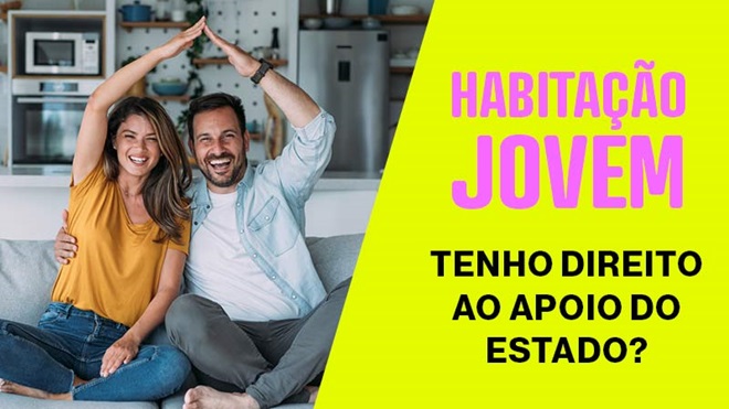 Campanha Habitação Jovem - Casal jovem sentado, dentro de casa, faz com os braços a forma de um telhado por cima das cabeças