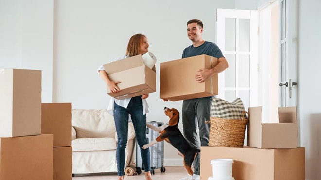 Casal jovem com um cão a fazer mudanças de caixotes para uma casa nova