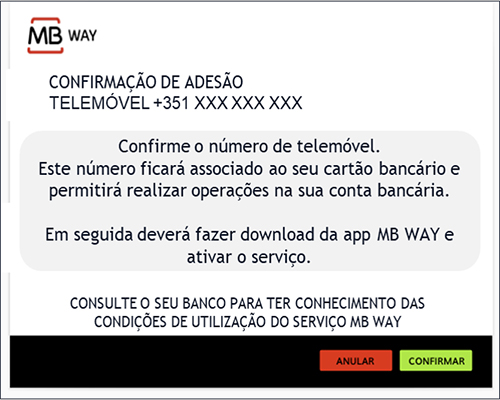 Ecrã multibanco com confirmação de ativação do MB Way
