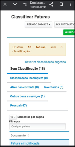 Classificar faturas antes de entregar declaração trimestral de IVA