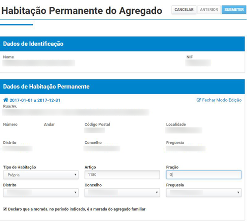 Página do site da Autoridade Tributária onde é possível indicar a habitação permanente dos contribuintes.