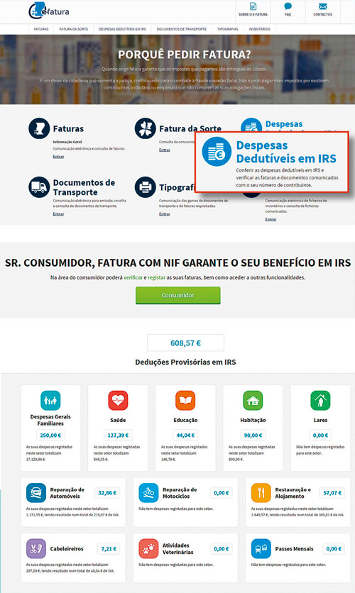 Página do site e-fatura onde pode validar as faturas associadas ao número de contribuinte
