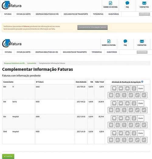 Página do portal e-fatura onde pode complementar a informação das faturas