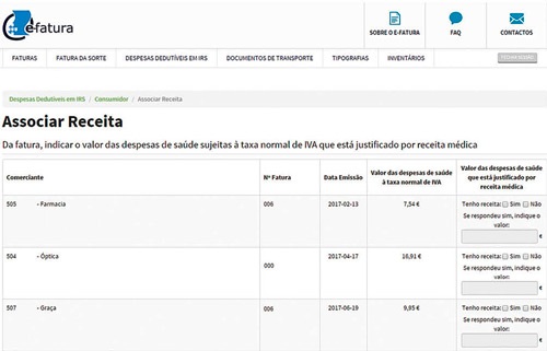 Página do portal e-fatura onde é possível associar receita à despesa de saúde