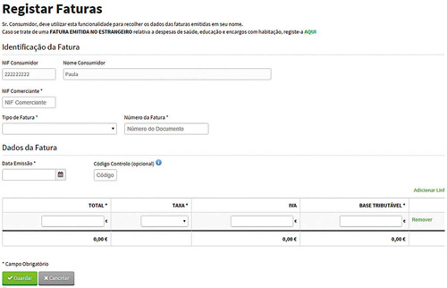Página do portal e-fatura onde é possível registar manualmente as faturas