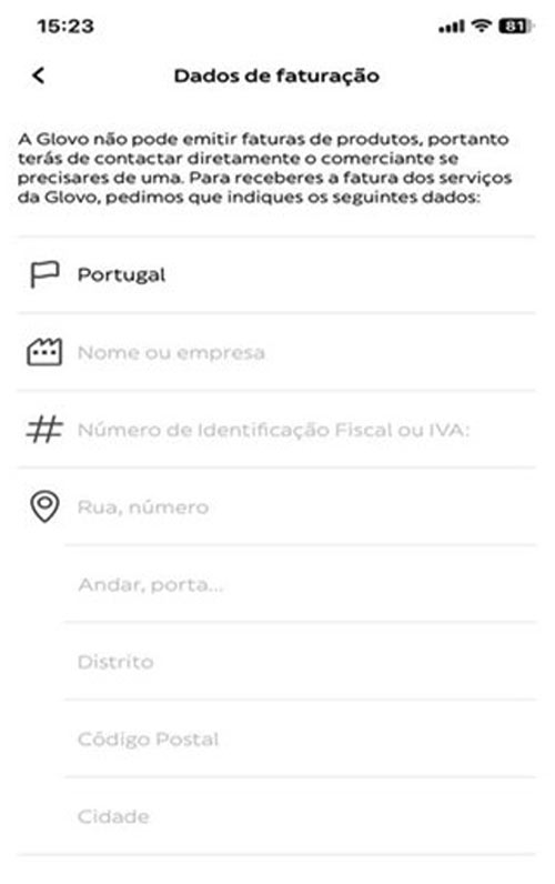 Printscreen - serviço de entregas glovo pedidos online