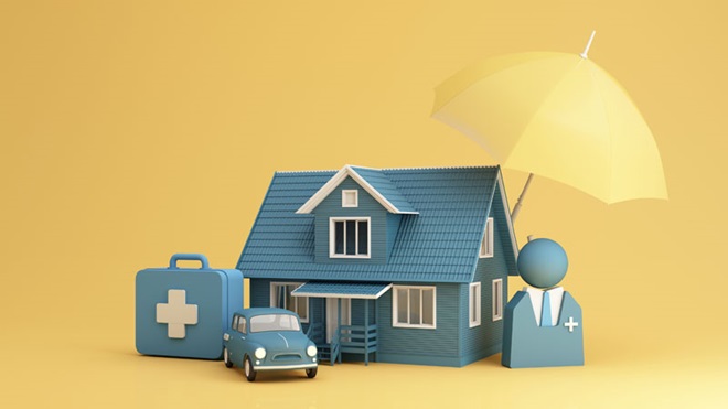 Casa, carro e saúde protegidos por um chapéu-de-chuva