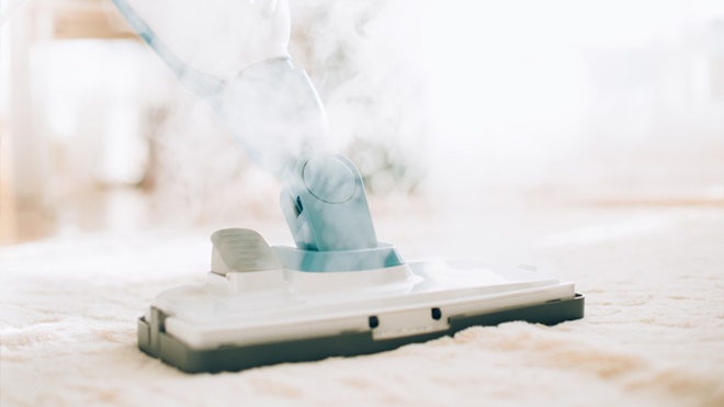 Escova de aspirador a vapor sobre tapete branco