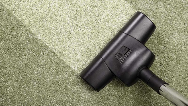 A escova de um aspirador passa por cima de uma alcatifa esverdeada que está mais clara no sítio da passagem