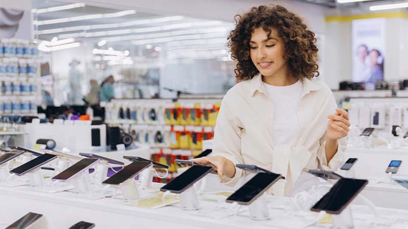 Mulher em loja de telemóveis recondicionados
