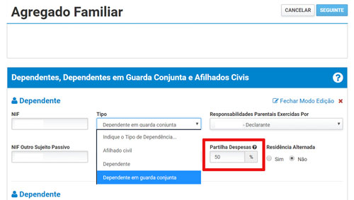 IRS: declarar despesas dos filhos com guarda partilhada agora é mais simples Página do site da Autoridade Tributária onde é possível selecionar o tipo de dependência e a percentagem que vai deduzir.