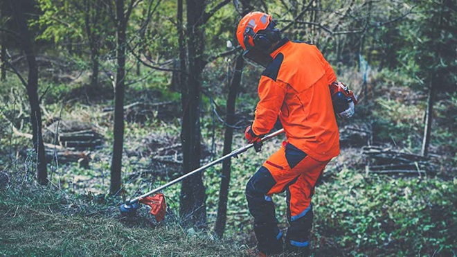 trabalhador com fato laranja a limpar mata de uma floresta com uma máquina