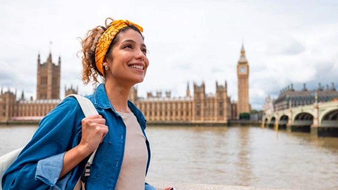 mulher jovem em turismo em Londres, em frente ao rio Tamisa, com o Big Ben e as casas do parlamento por trás