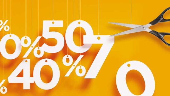 painel amarelo com uma tesoura e várias percentagens de desconto