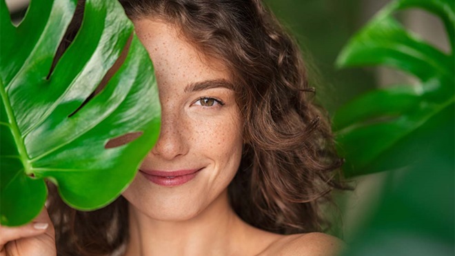 Grande plano de rosto de mulher sorridente parcialmente escondido atrás de uma planta com folhas grandes, aludindo a cosméticos naturais 