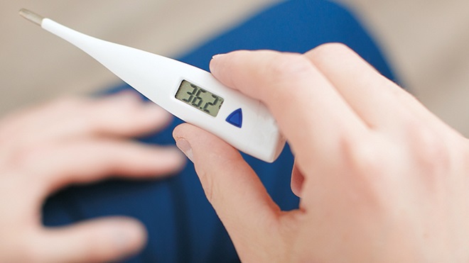Mão a agarrar um termómetro digital de inserção que indica uma temperatura corporal que não é febre (36.2)