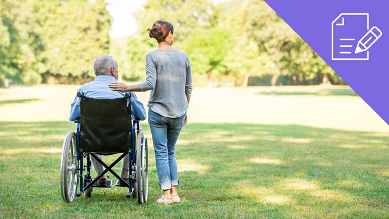 Ícone de carta-tipo e imagem com uma cuidadora informal ao lado de um idoso com cadeira de rodas