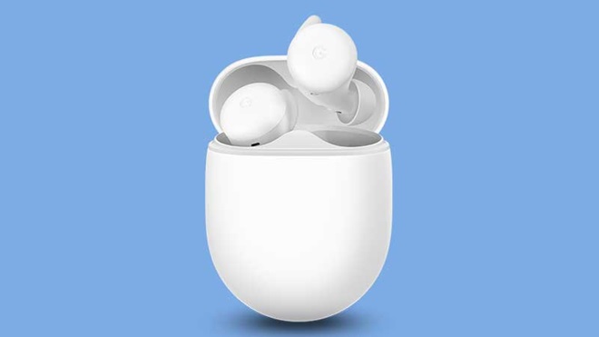 Auriculares true wireless Google Pixel Buds Serie A inseridos na caixa de transporte sobre fundo azul