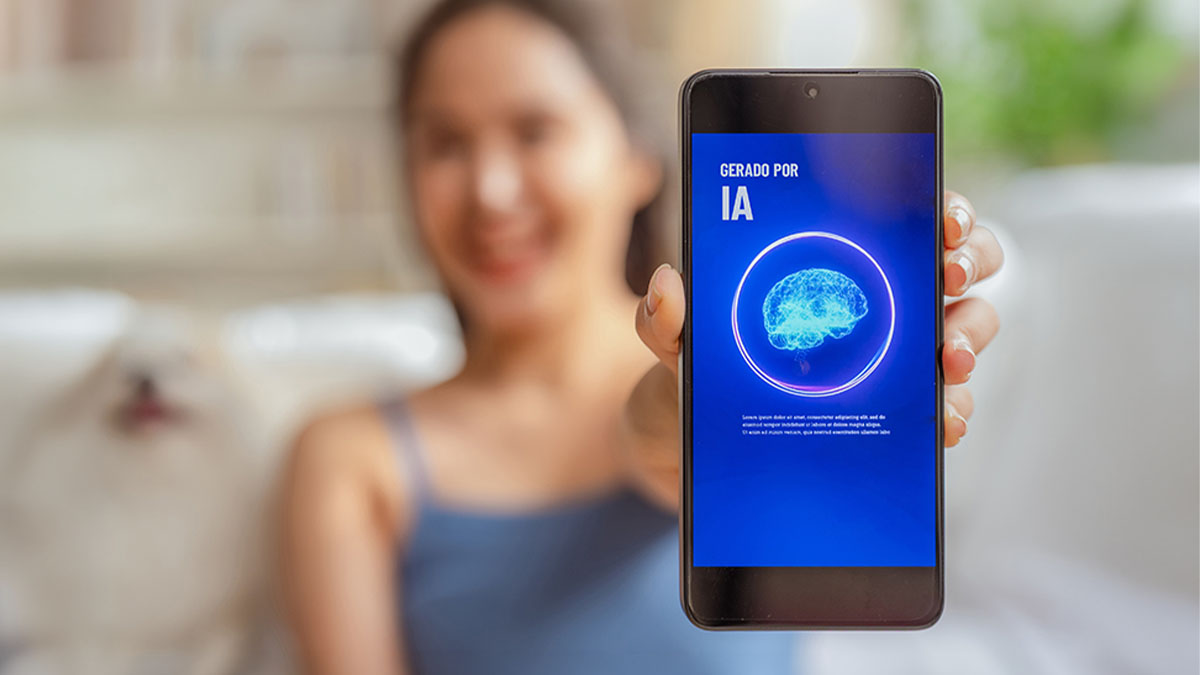 Pessoa desfocada segura smartphone com ecrã azul a mostrar aplicação de IA e gráfico circular.