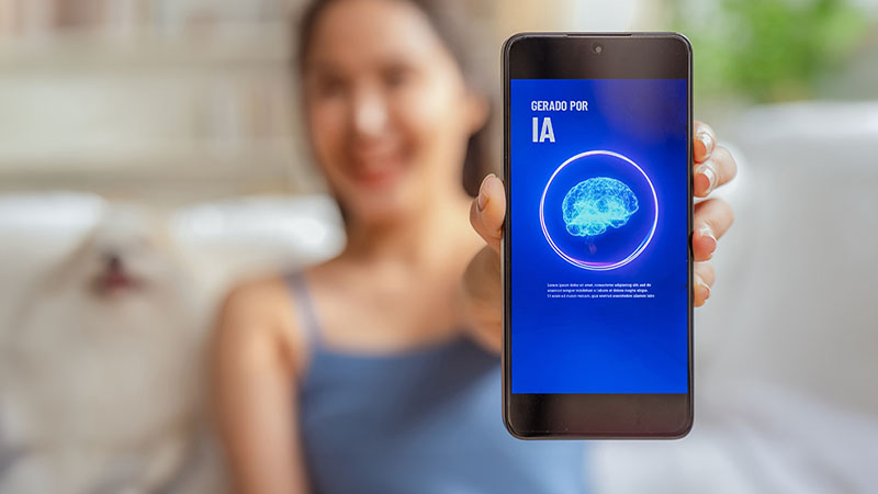 Pessoa desfocada segura smartphone com ecrã azul a mostrar aplicação de IA e gráfico circular.
